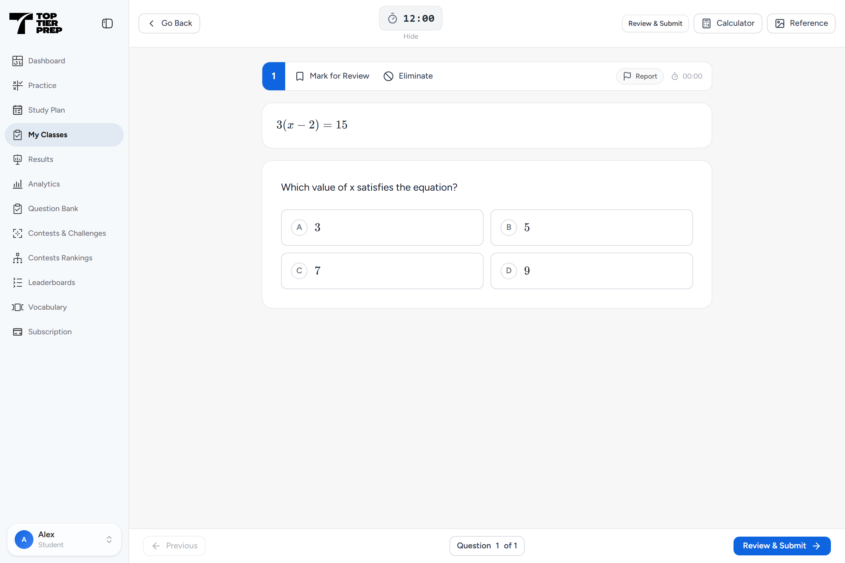 TopTierPrep online practice runner displaying a sample algebra question and answer choices