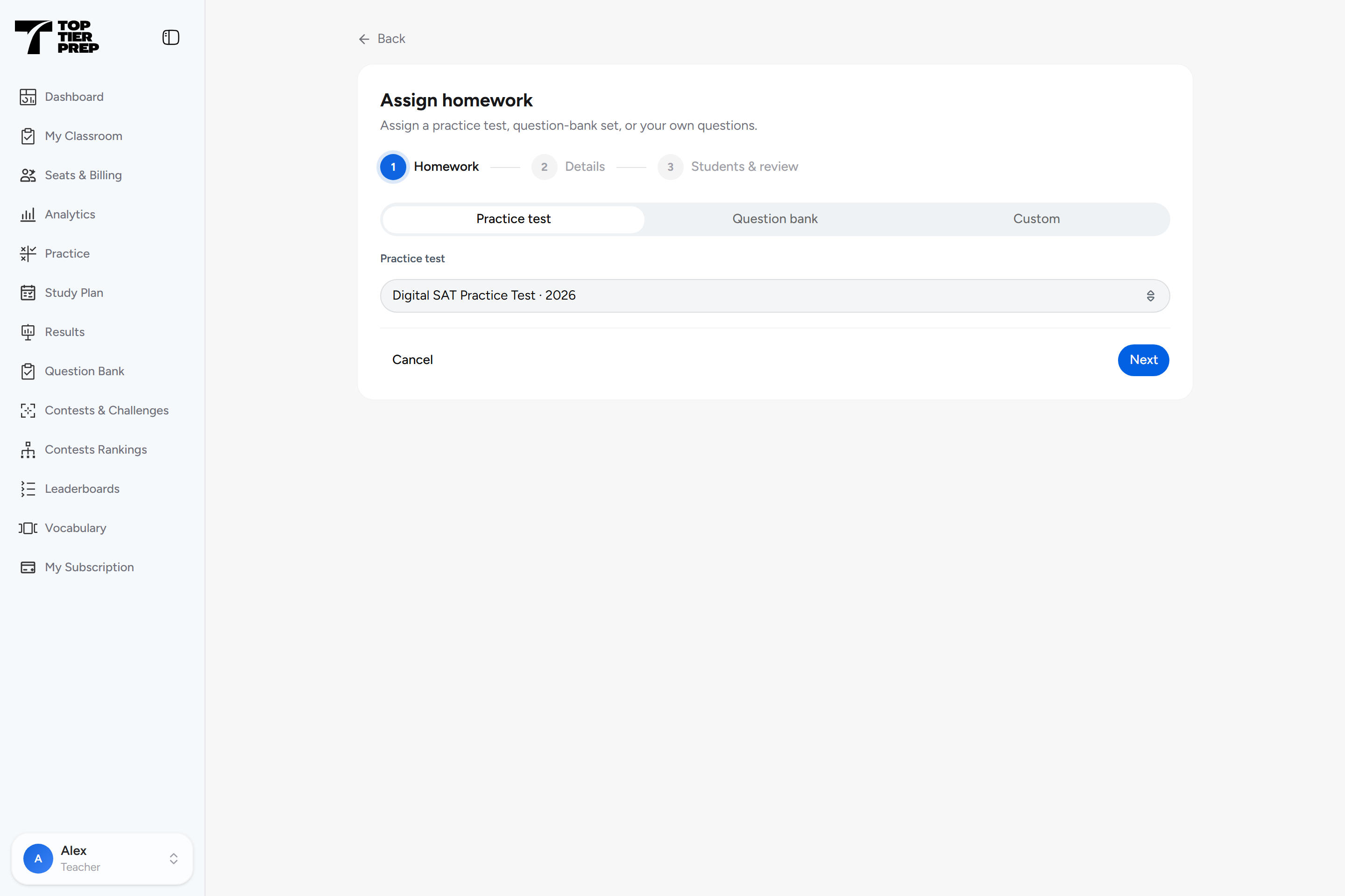 TopTierPrep assignment builder with practice test, question bank, and custom homework options